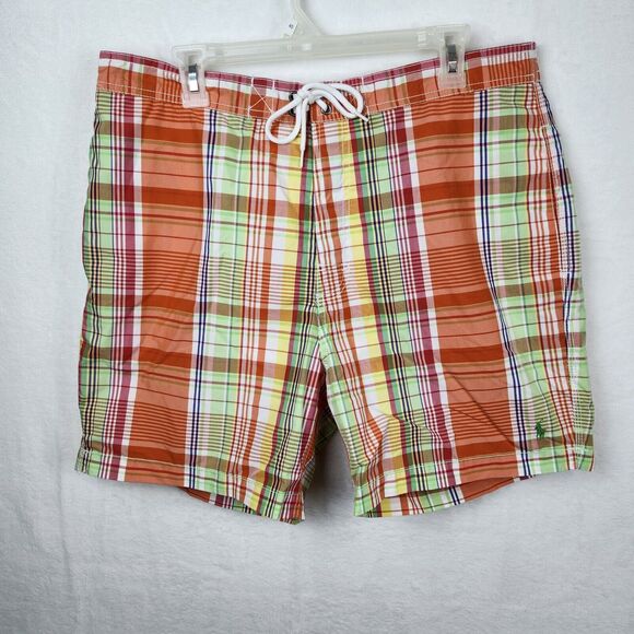 Polo Ralph Lauren Board Shorts Men’s XL Orange Pink Green Plaid Swim Trunks - Picture 1 of 14